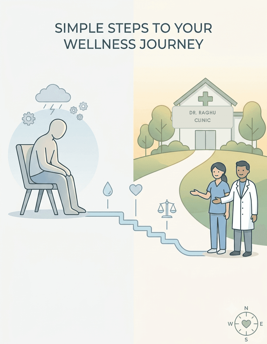 Illustration of a patient's journey from illness to wellness at the clinic
